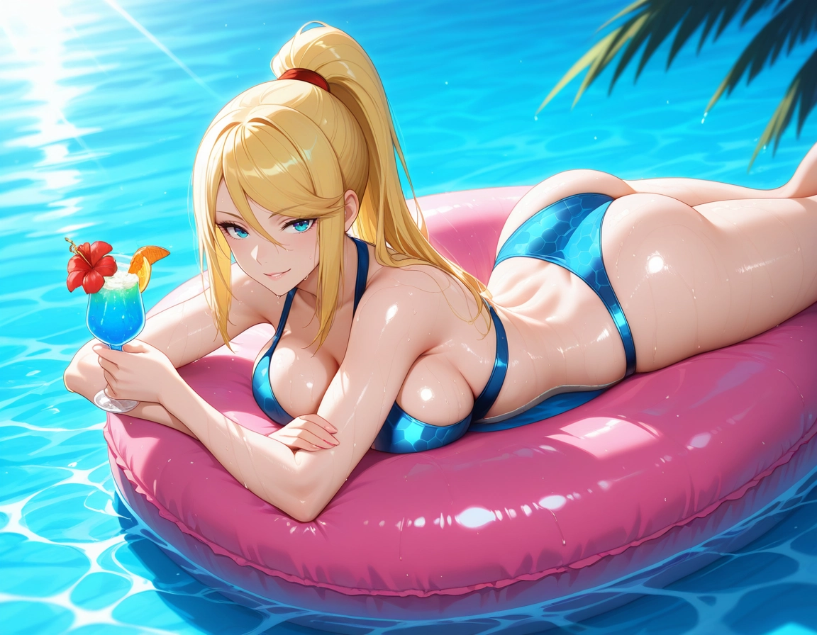1girl, breasts, samus aran, swimsuit, bikini, blonde hair · Yamete.gg