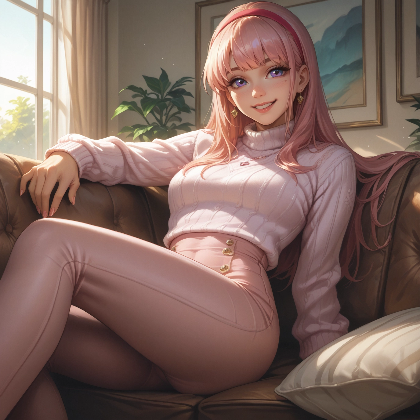 1girl, jewelry, solo, pink hair, earrings, smile · Yamete.gg