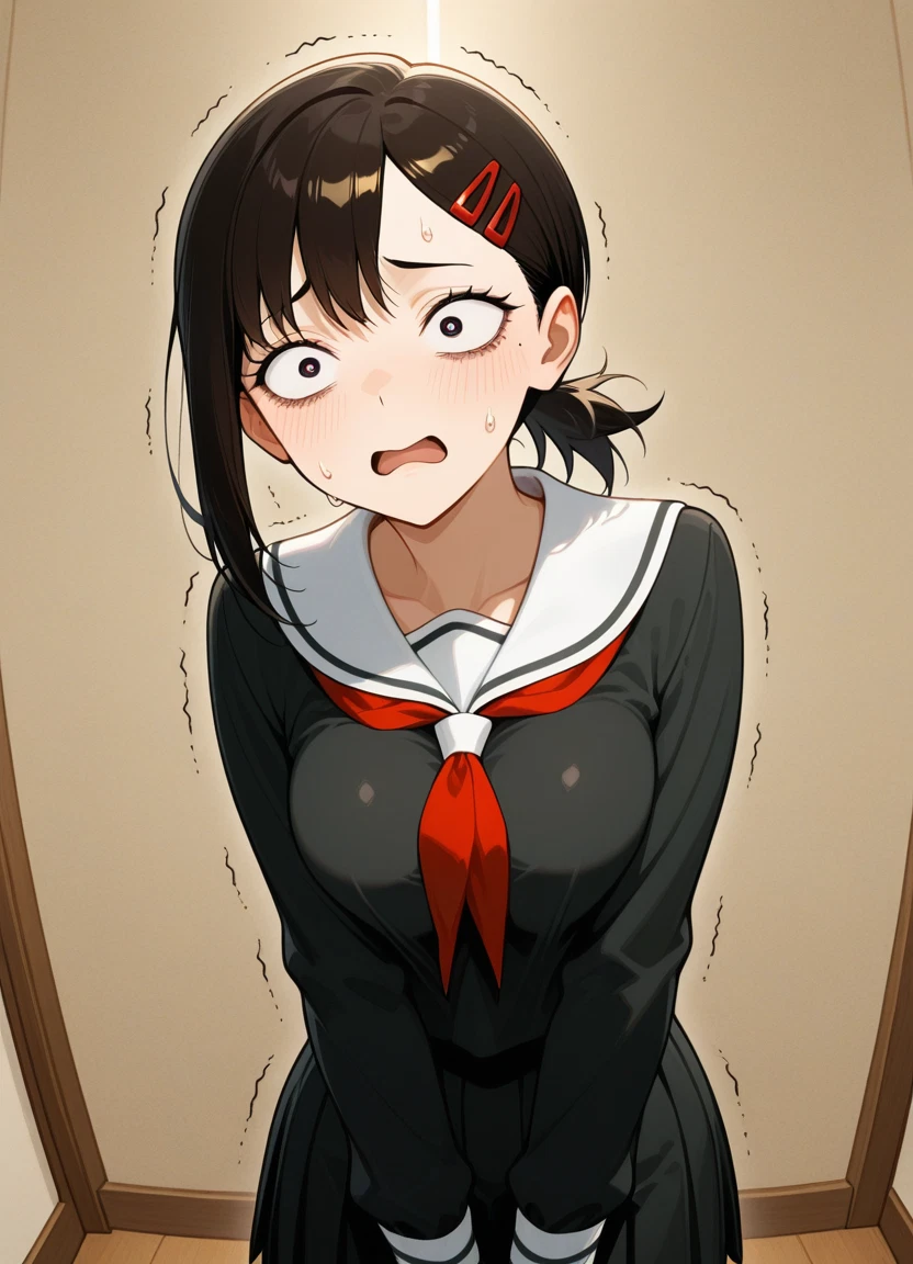 higashiyama kobeni, 1girl, solo, school uniform, hair ornament, mole