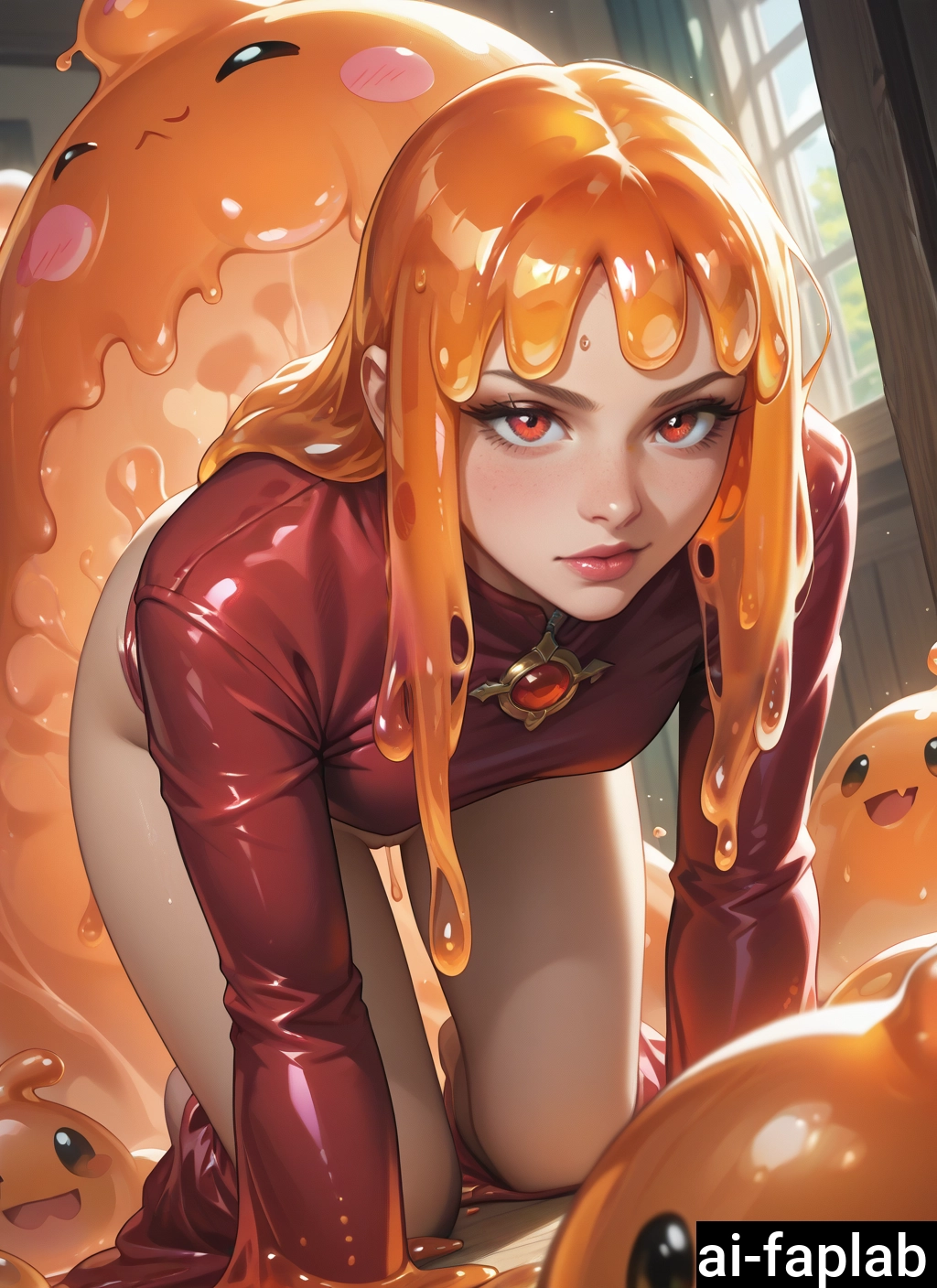 1girl, all fours, orange hair, looking at viewer, long hair, slime (creature) · Yamete.gg
