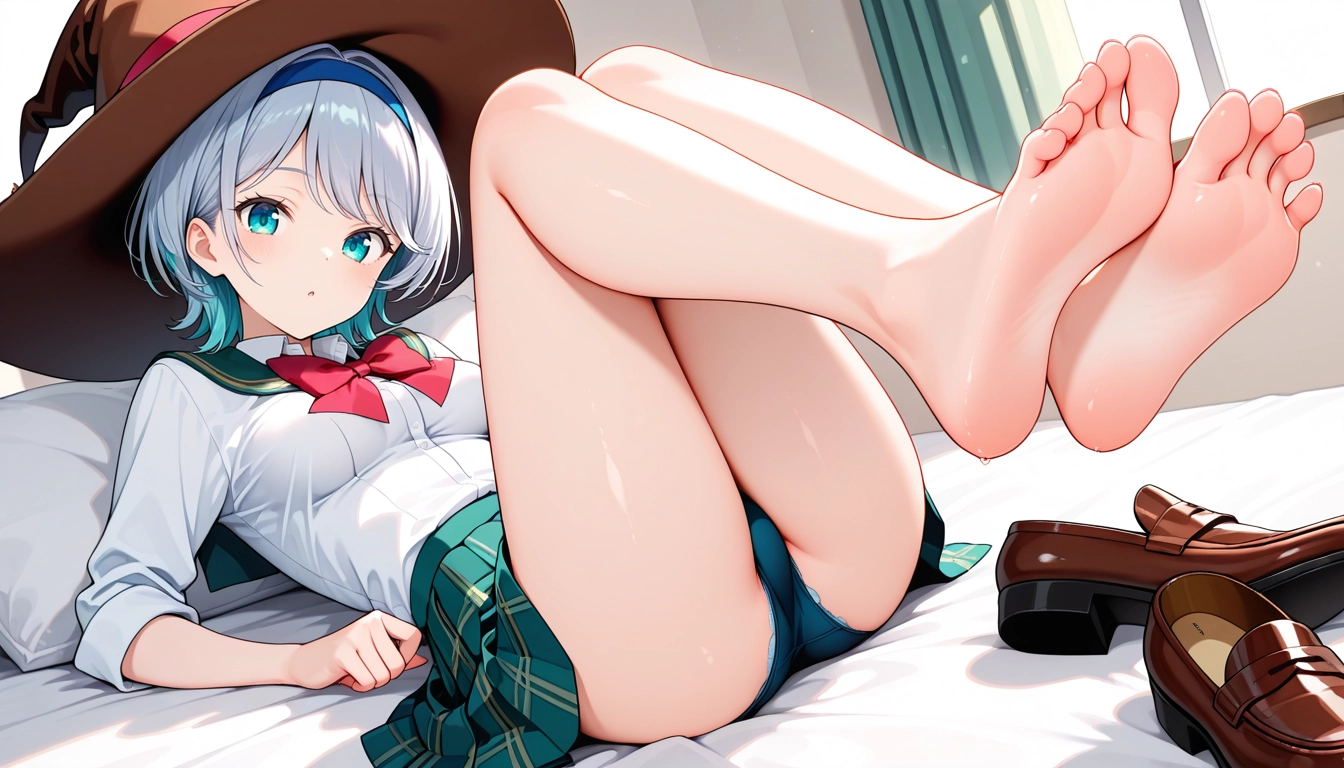 1girl, feet, barefoot, solo, shoes, hat · Yamete.gg