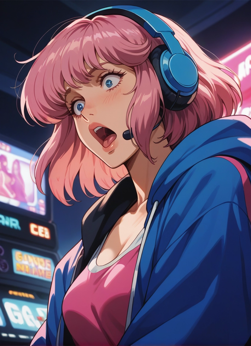 1girl, breasts, solo, pink hair, blue eyes, open mouth · Yamete.gg