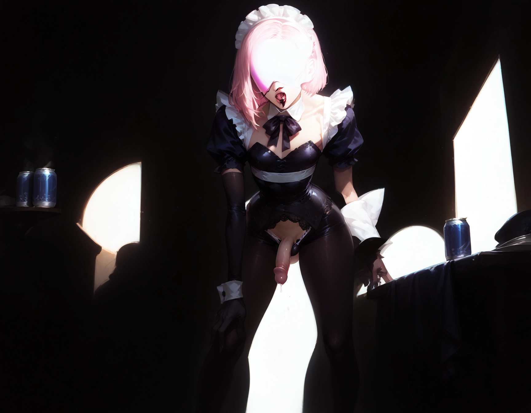 maid headdress, penis, pink hair, tongue, 1girl, gloves · Yamete.gg