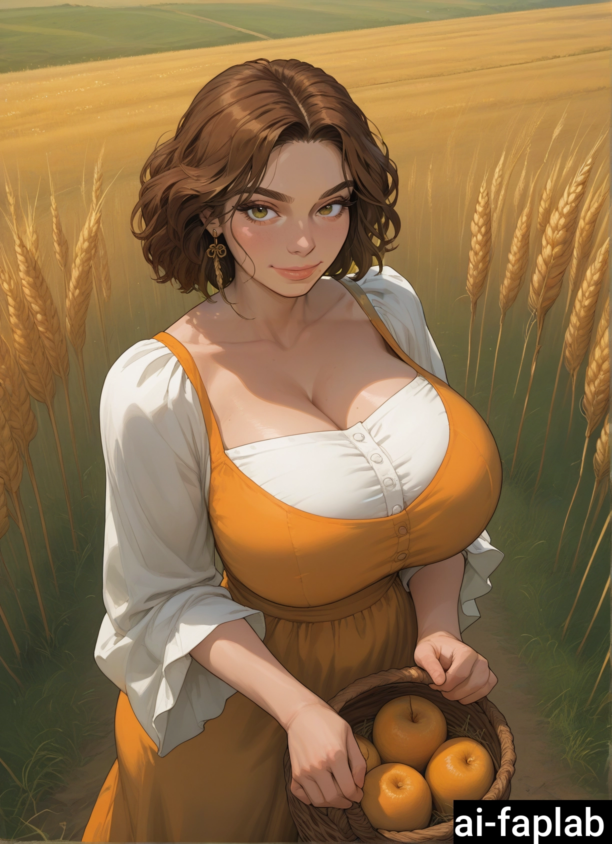 1girl, breasts, basket, solo, food, brown hair