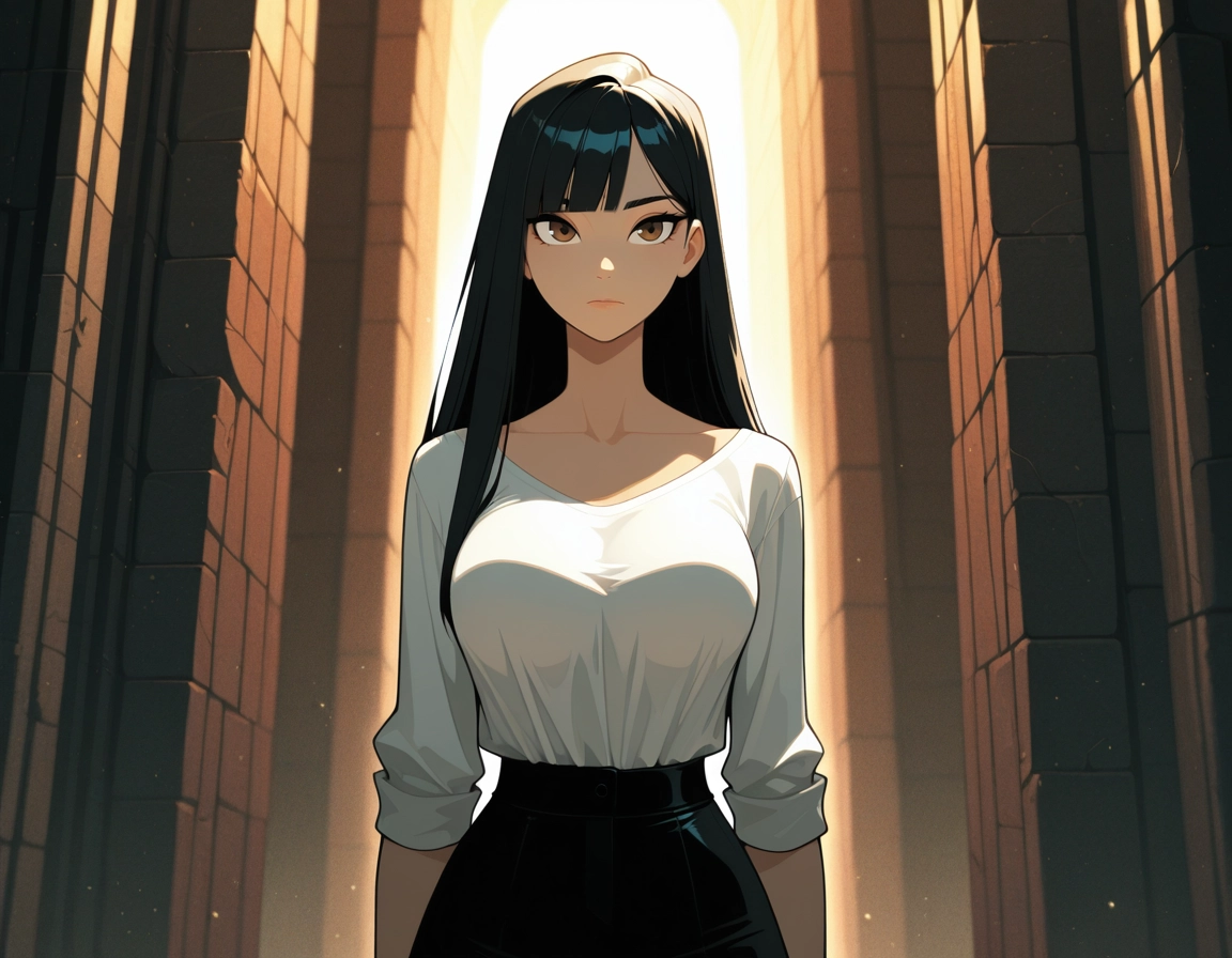 1girl, solo, black hair, shirt, breasts, long hair · Yamete.gg