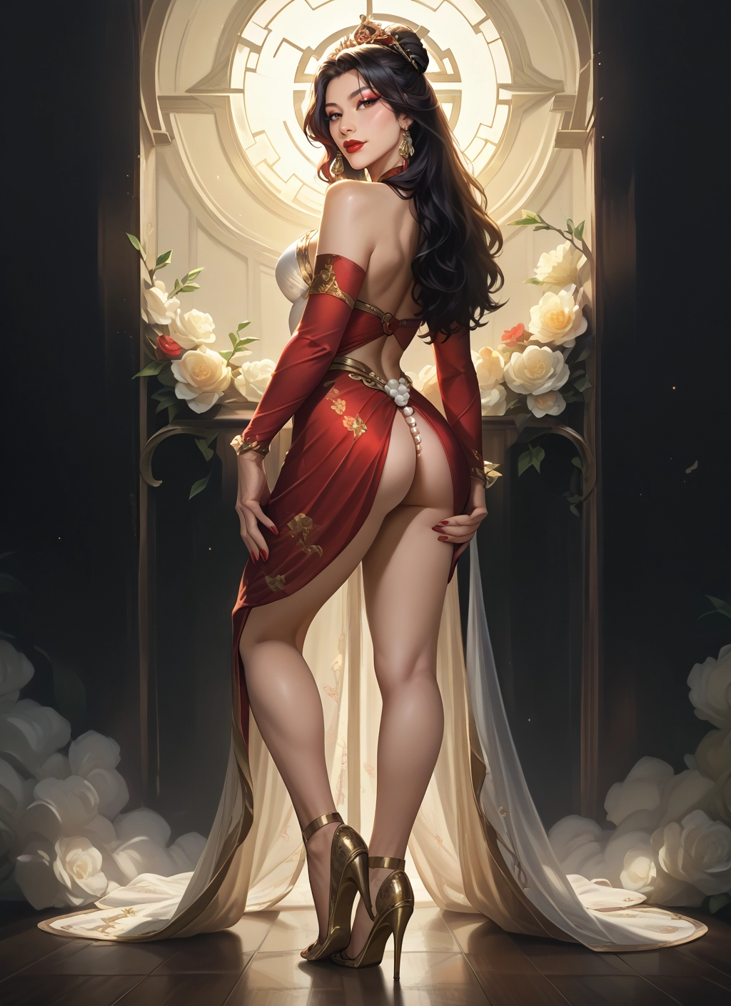 ass, 1girl, high heels, solo, jewelry, dress · Yamete.gg