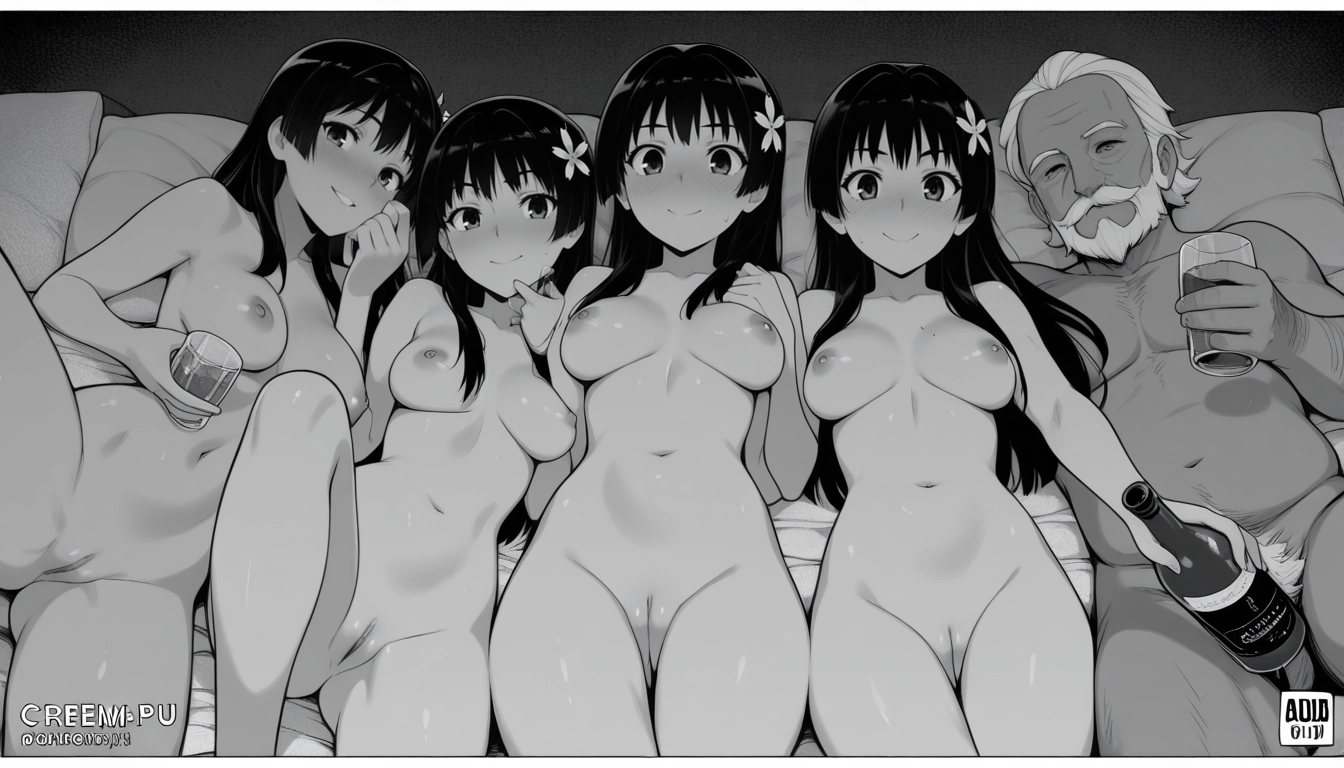 completely nude, greyscale, monochrome, saten ruiko, lying, nude · Yamete.gg