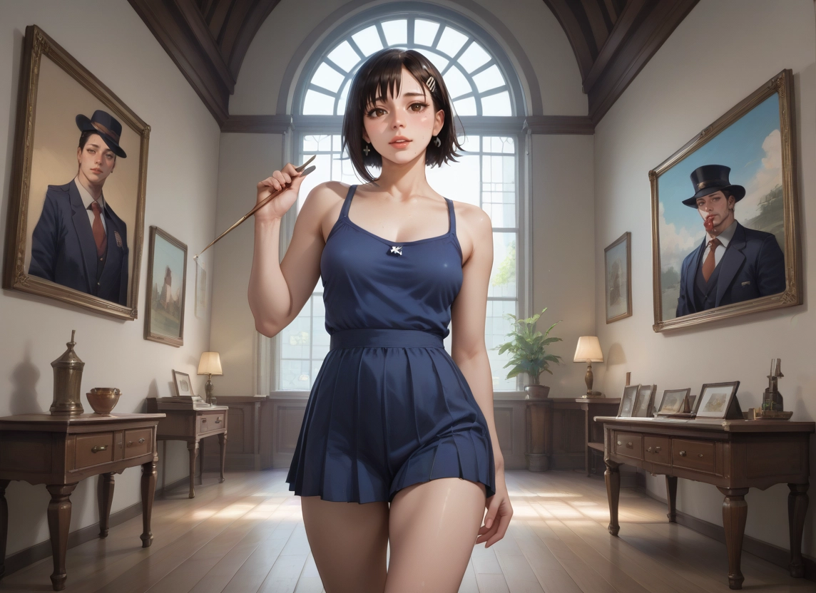 1girl, indoors, window, short hair, dress, necktie · Yamete.gg