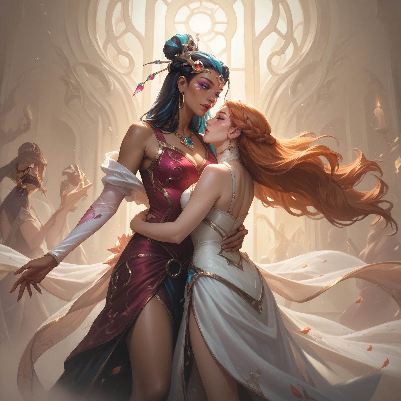 multiple girls, jewelry, dress, earrings, long hair, breasts · Yamete.gg