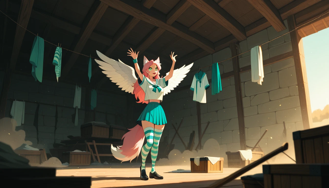 1girl, skirt, thighhighs, wings, striped clothes, animal ears · Yamete.gg