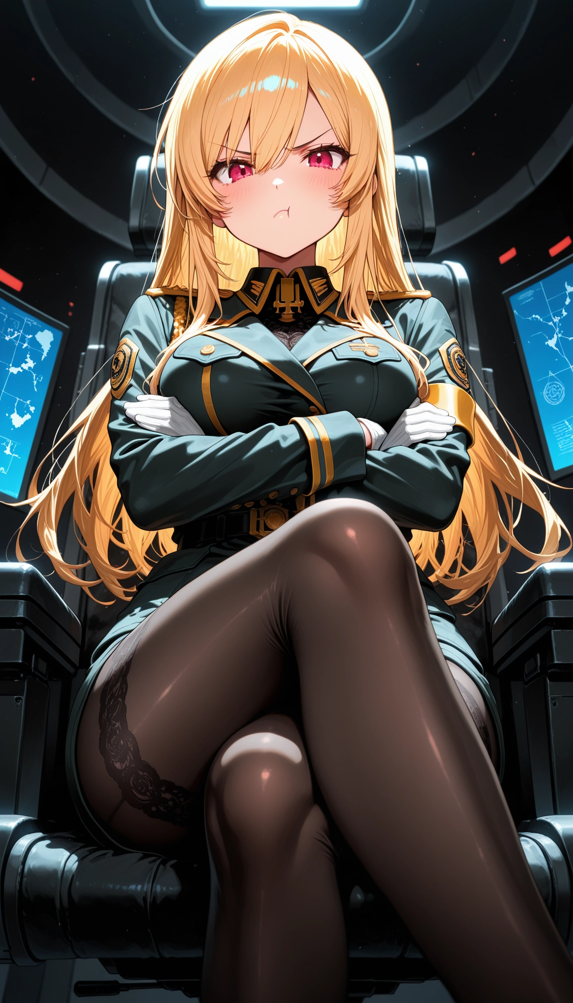 1girl, solo, crossed arms, pantyhose, crossed legs, long hair · Yamete.gg
