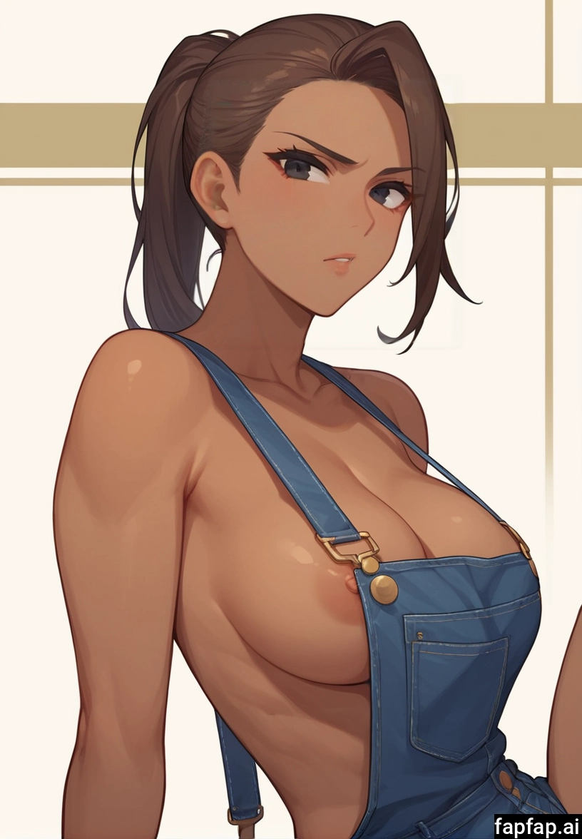 1girl, breasts, overalls, naked overalls, solo, brown hair