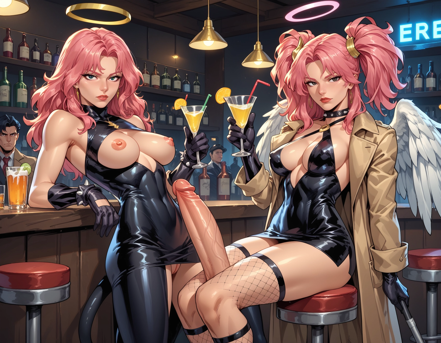 breasts, dress, gloves, nipples, black gloves, pink hair · Yamete.gg