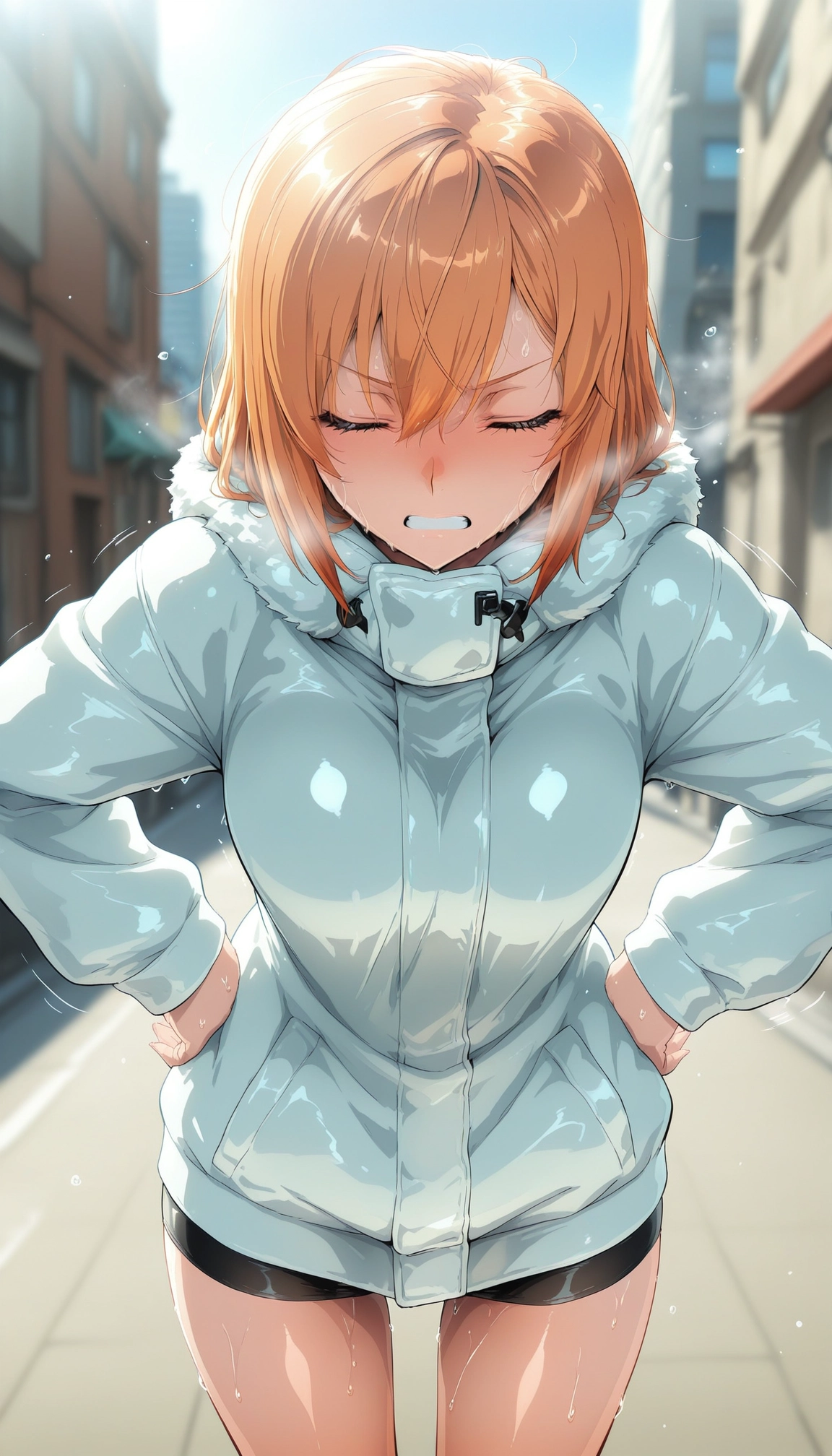 1girl, closed eyes, yuuki haru, solo, hands on own hips, orange hair · Yamete.gg