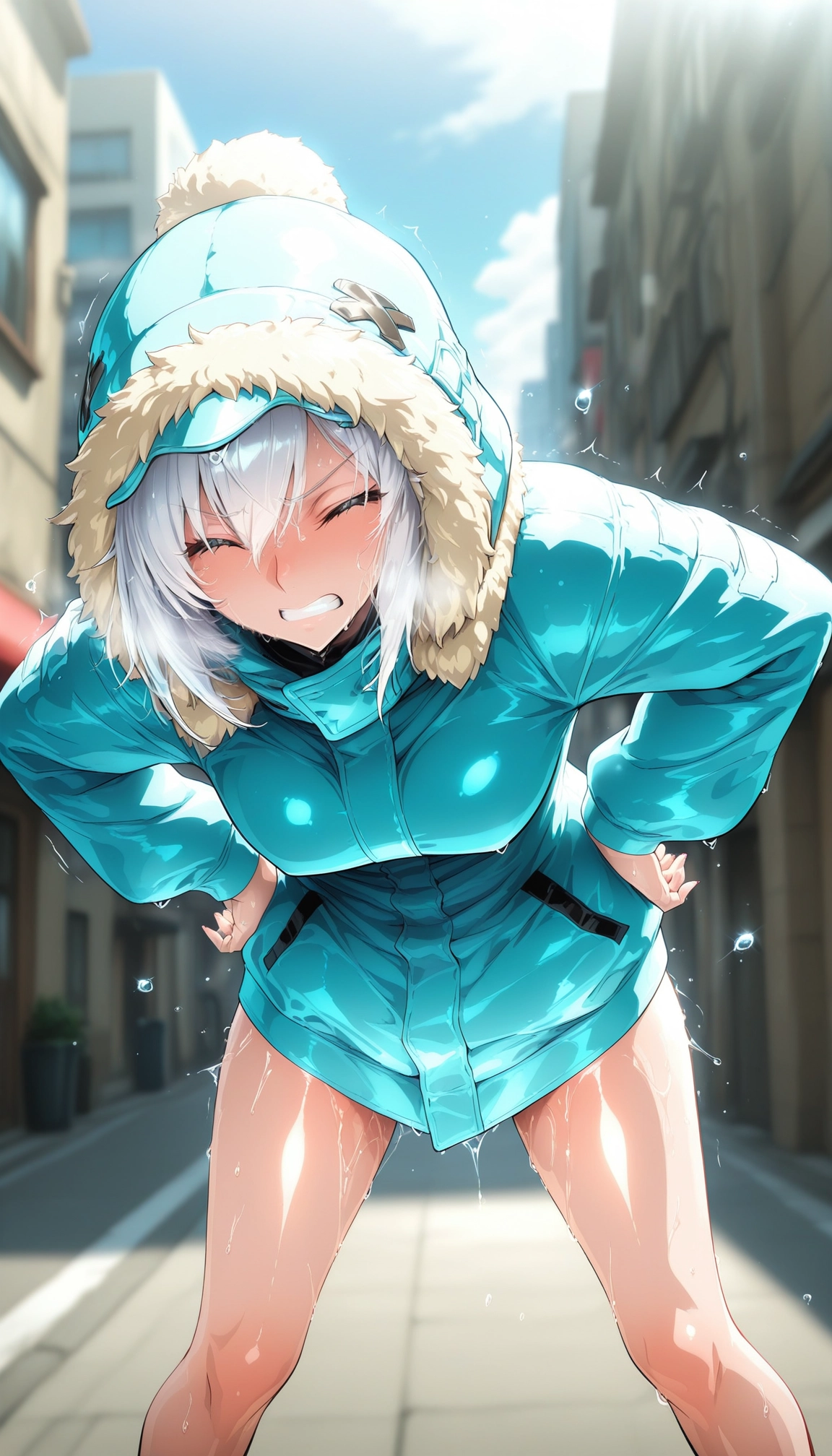 1girl, hands on own hips, closed eyes, solo, blush, clenched teeth · Yamete.gg