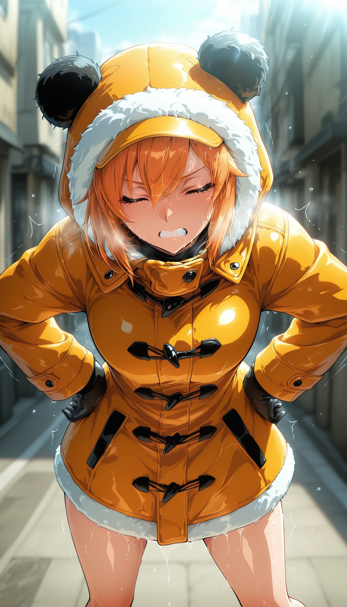 1girl, closed eyes, solo, hood, orange hair, teeth · Yamete.gg