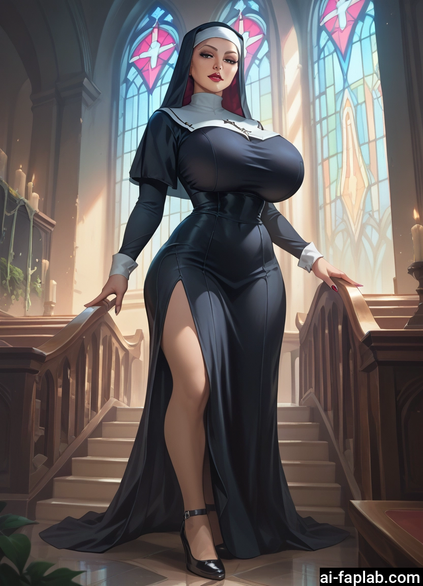 1girl, breasts, nun, habit, solo, candle