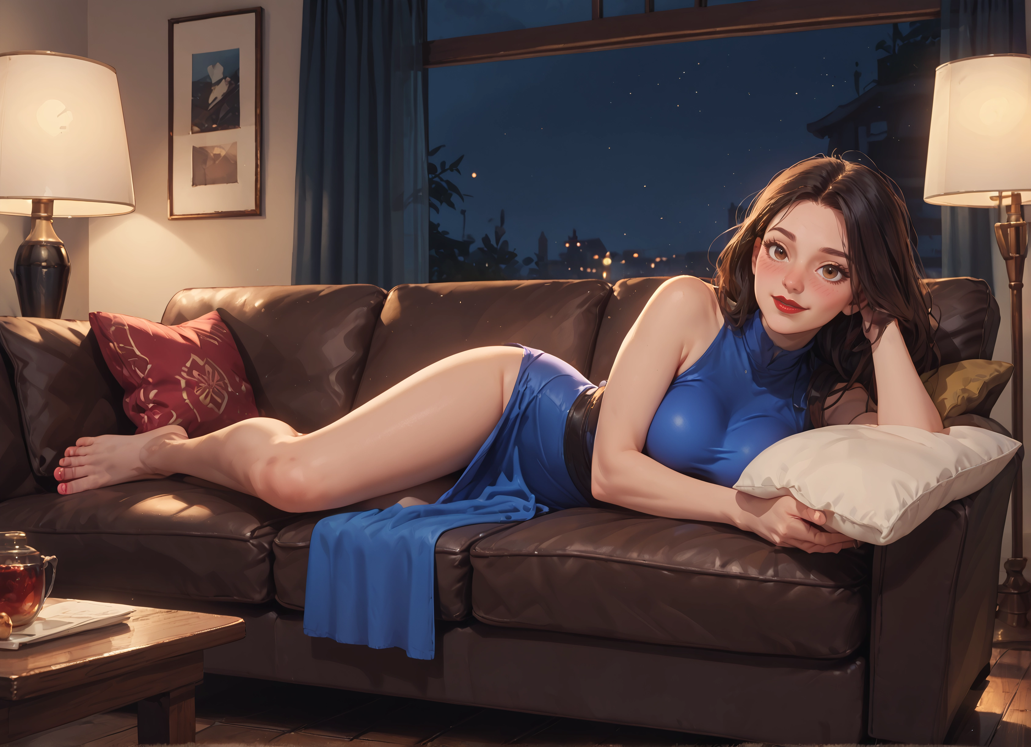 1girl, barefoot, breasts, brown hair, lying, couch · Yamete.gg