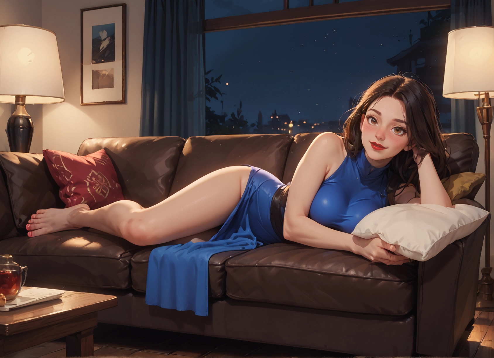 1girl, barefoot, breasts, brown hair, lying, couch