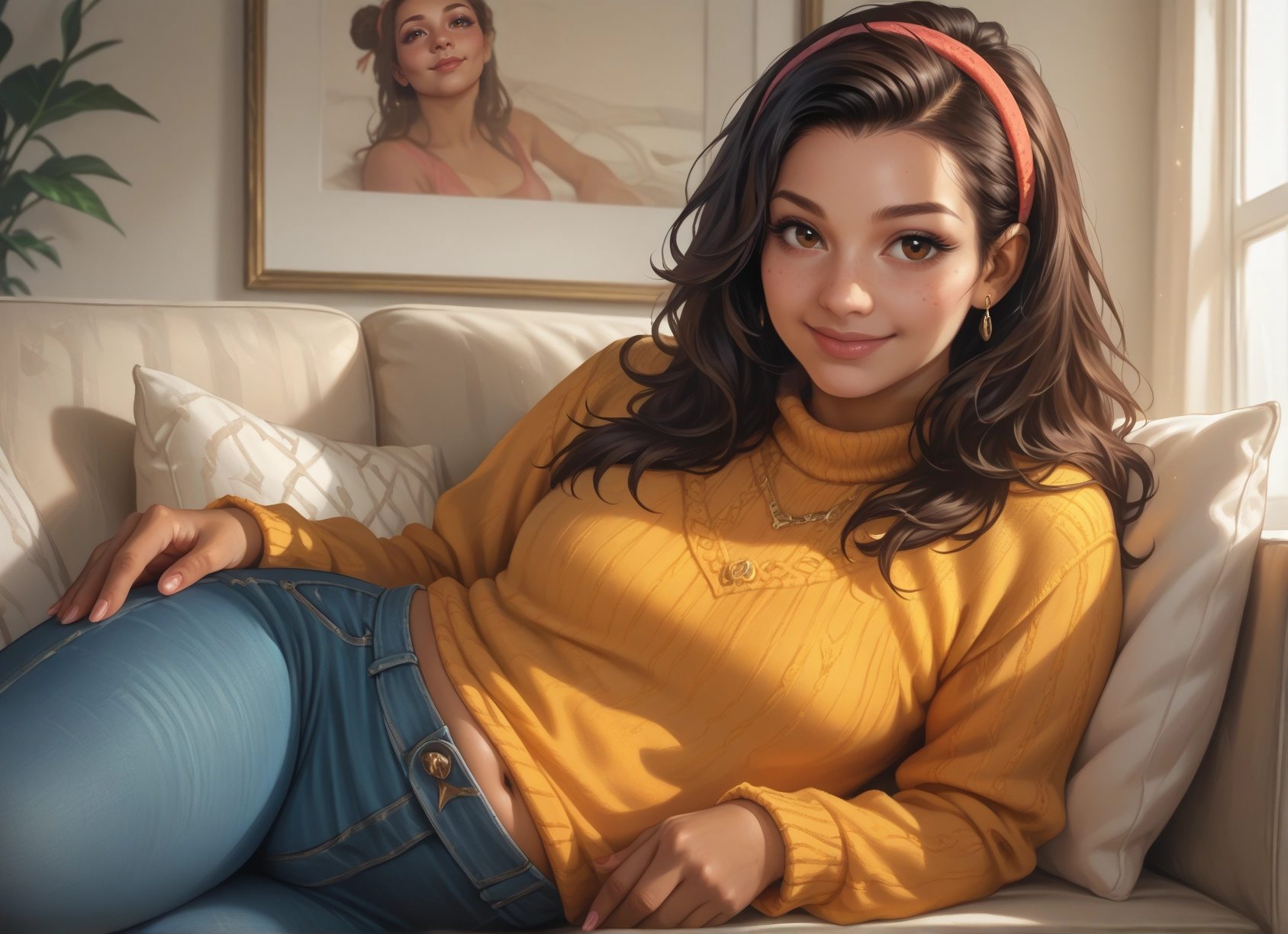 1girl, jewelry, pants, solo, earrings, sweater · Yamete.gg