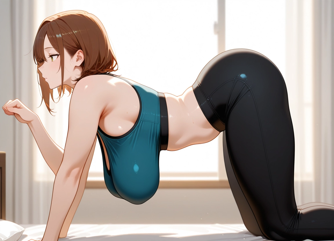 1girl, breasts, solo, hanging breasts, pants, all fours