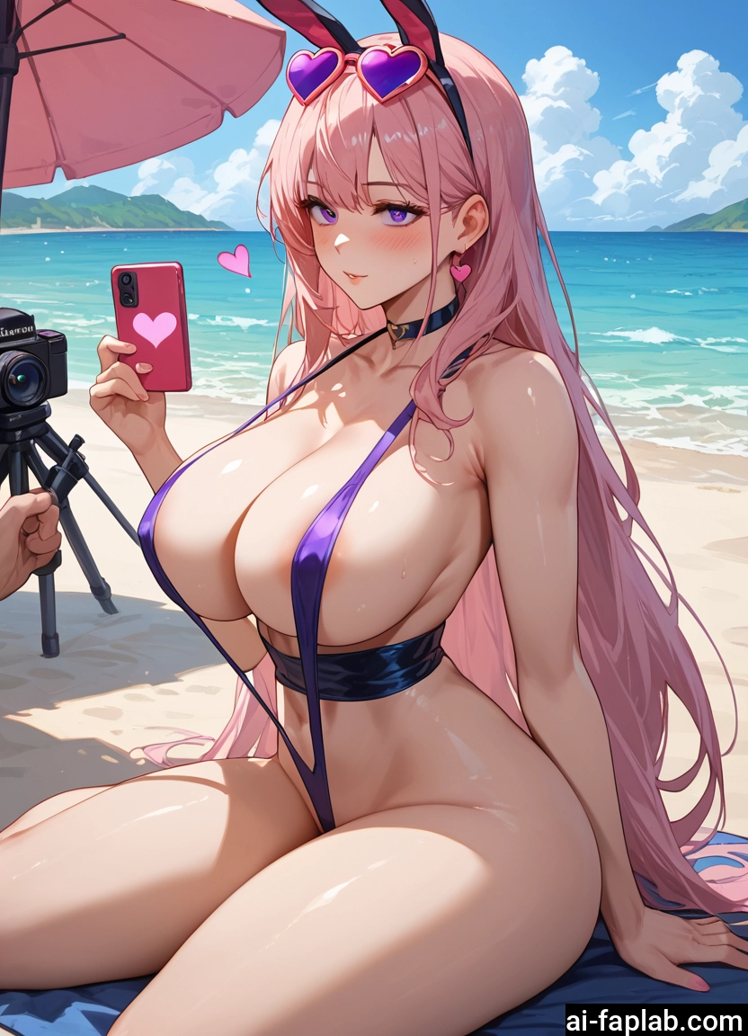 breasts, 1girl, long hair, pink hair, animal ears, phone
