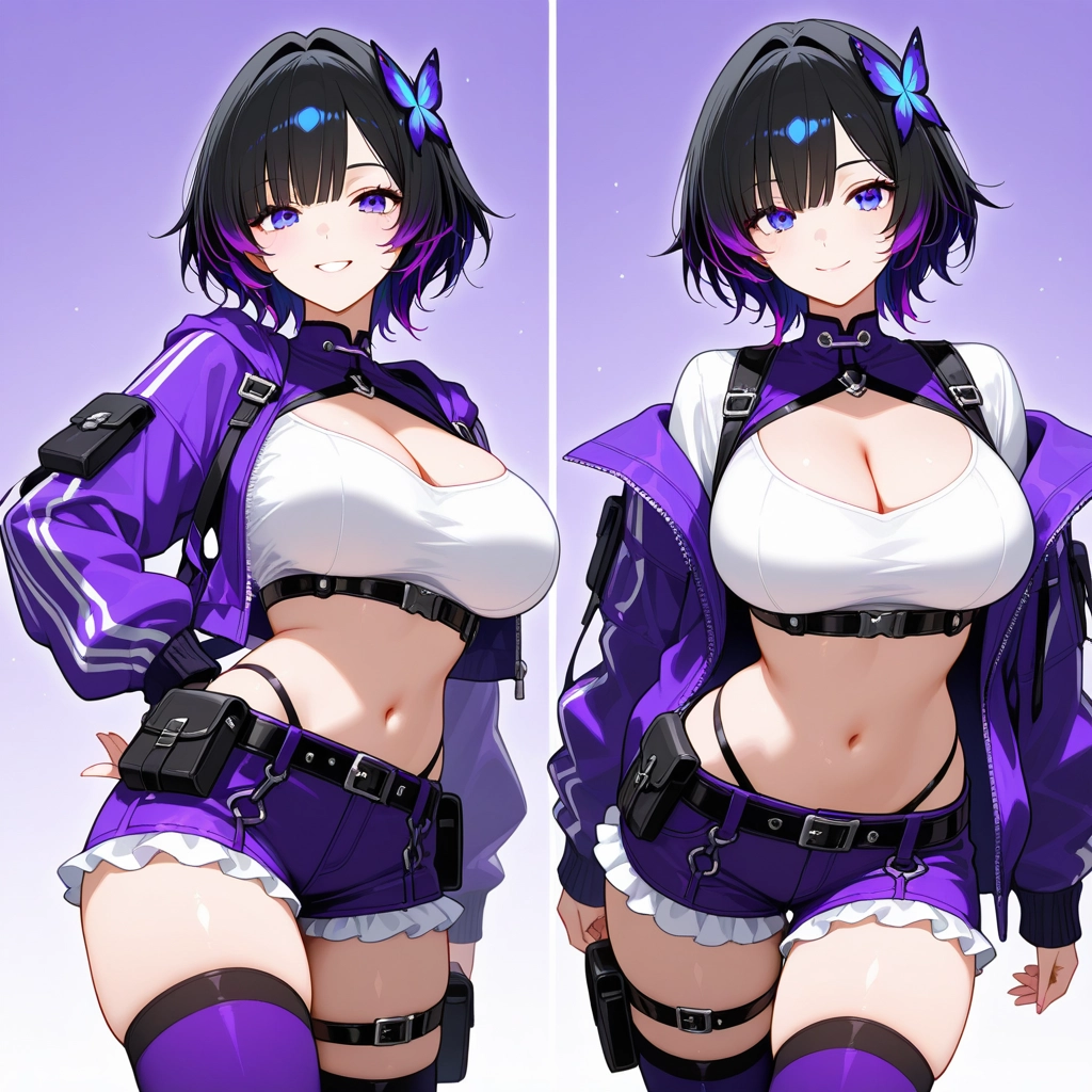 breasts, shorts, navel, smile, thighhighs, open jacket · Yamete.gg