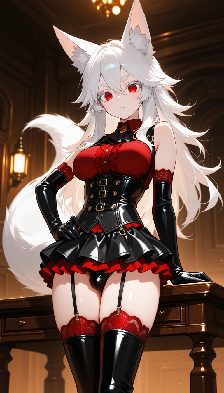 1girl, solo, gloves, garter straps, thighhighs, red eyes