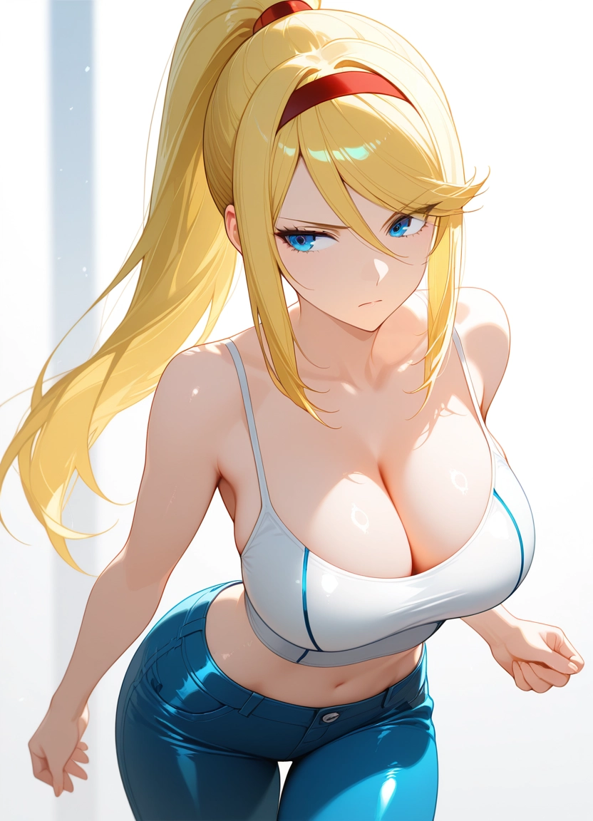 1girl, samus aran, breasts, blonde hair, solo, blue eyes · Yamete.gg
