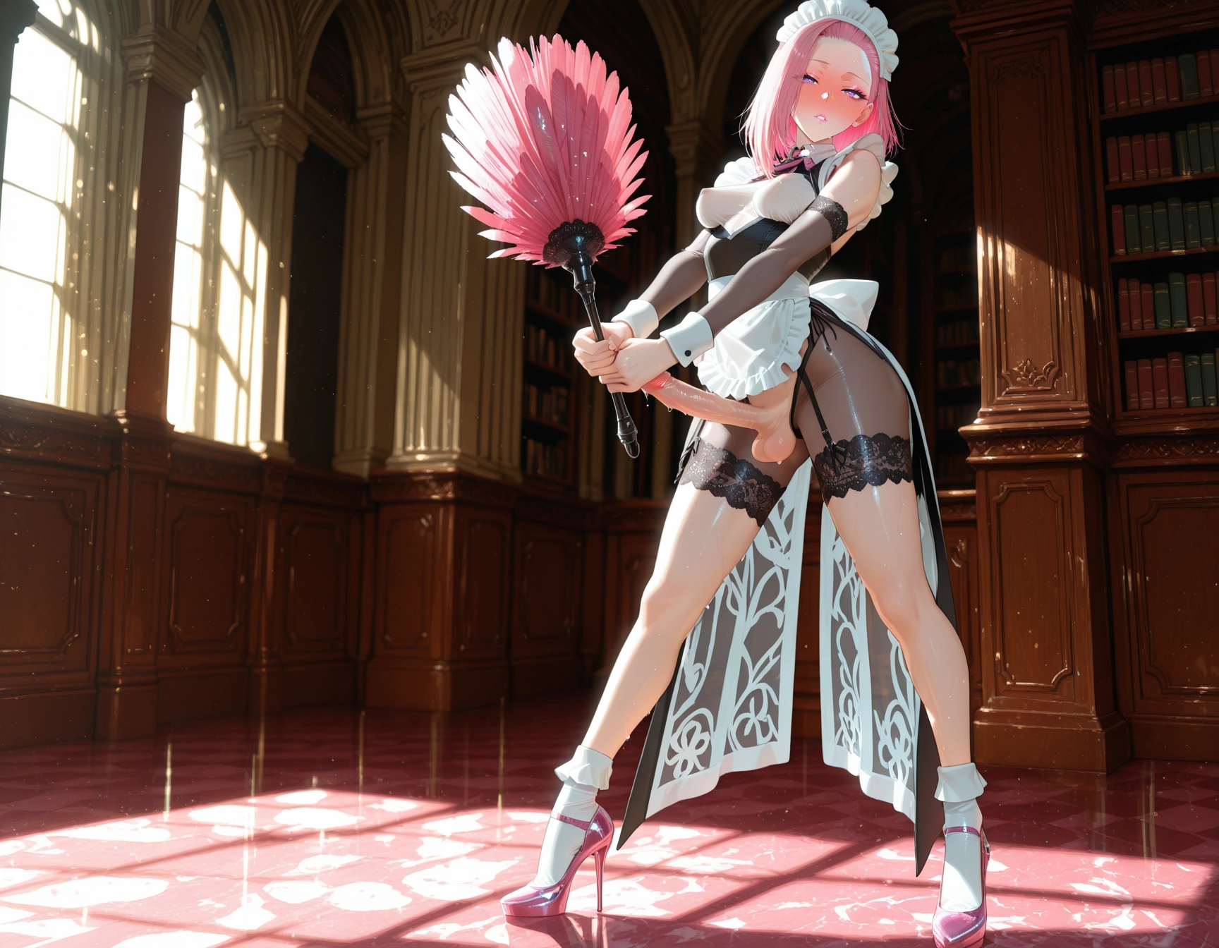 futanari, 1girl, penis, solo, maid headdress, maid