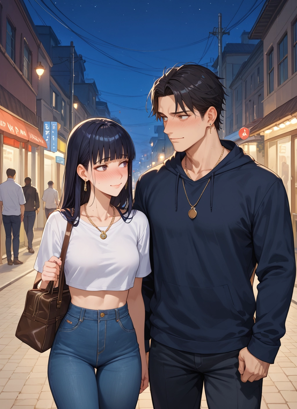 1girl, black hair, blush, pants, jewelry, bag · Yamete.gg