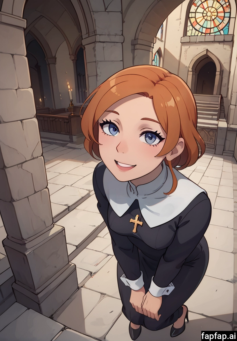 1girl, church, solo, looking at viewer, smile, orange hair · Yamete.gg