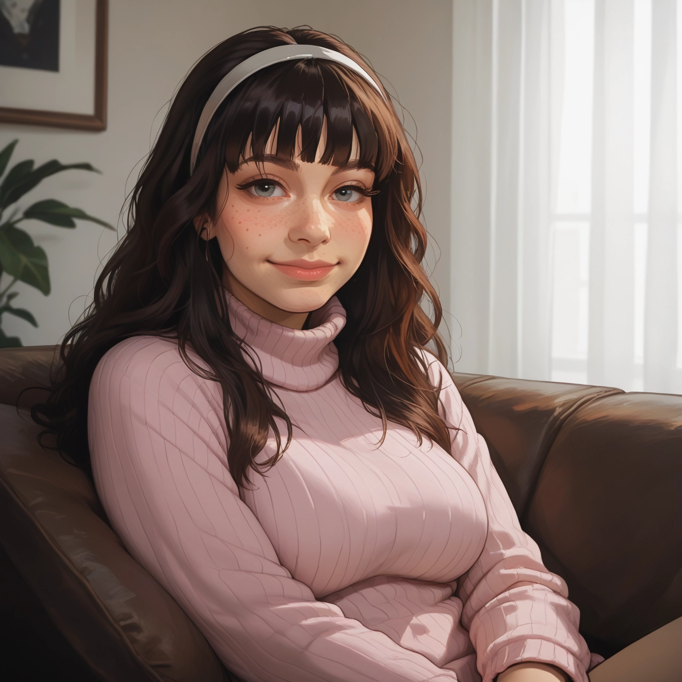 1girl, solo, sweater, freckles, hairband, brown hair · Yamete.gg