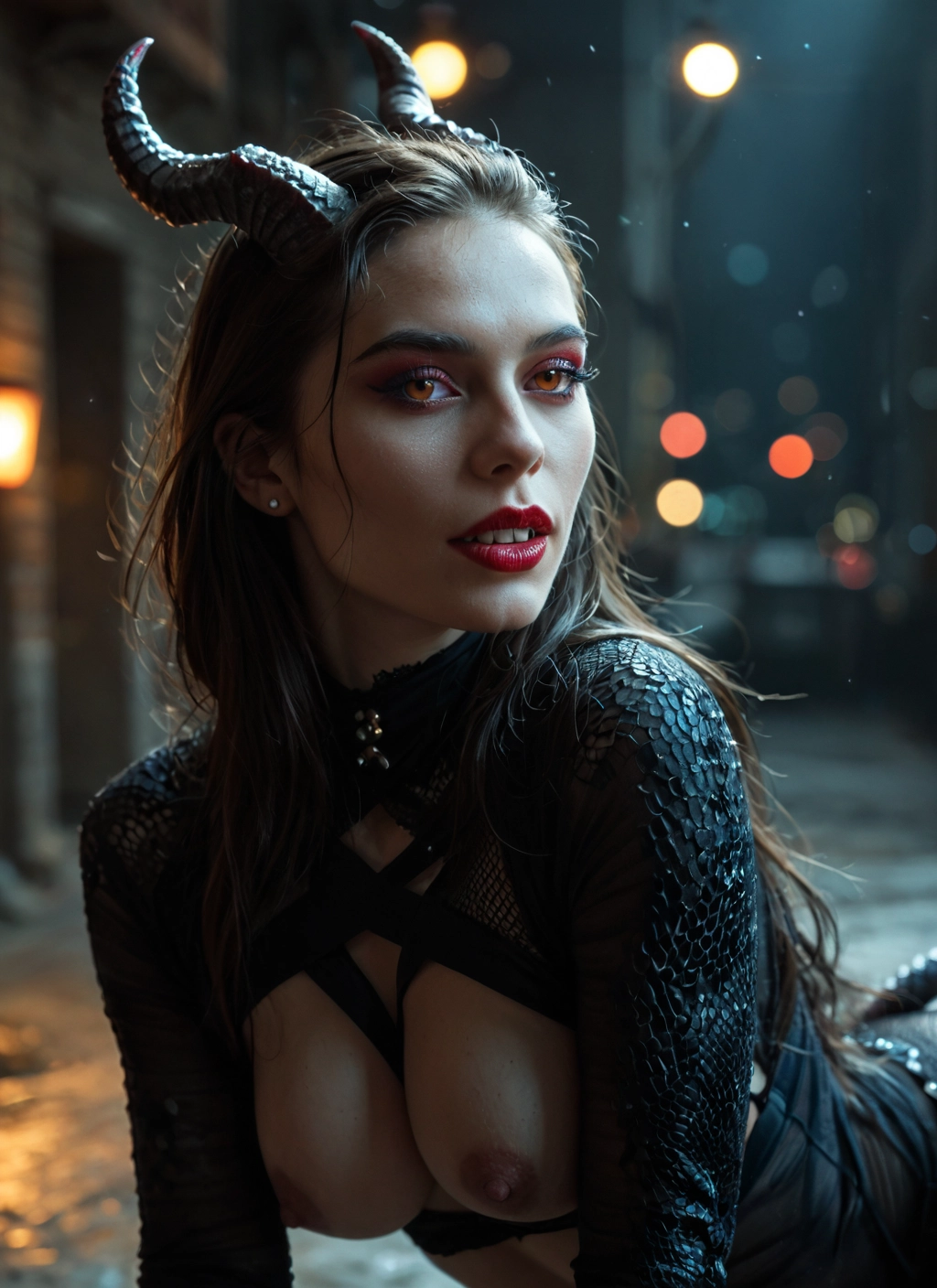 1girl, breasts, horns, nipples, solo, long hair · Yamete.gg
