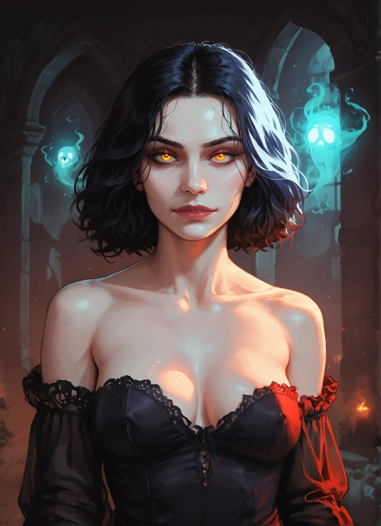 1girl, breasts, solo, black hair, looking at viewer, yellow eyes · Yamete.gg