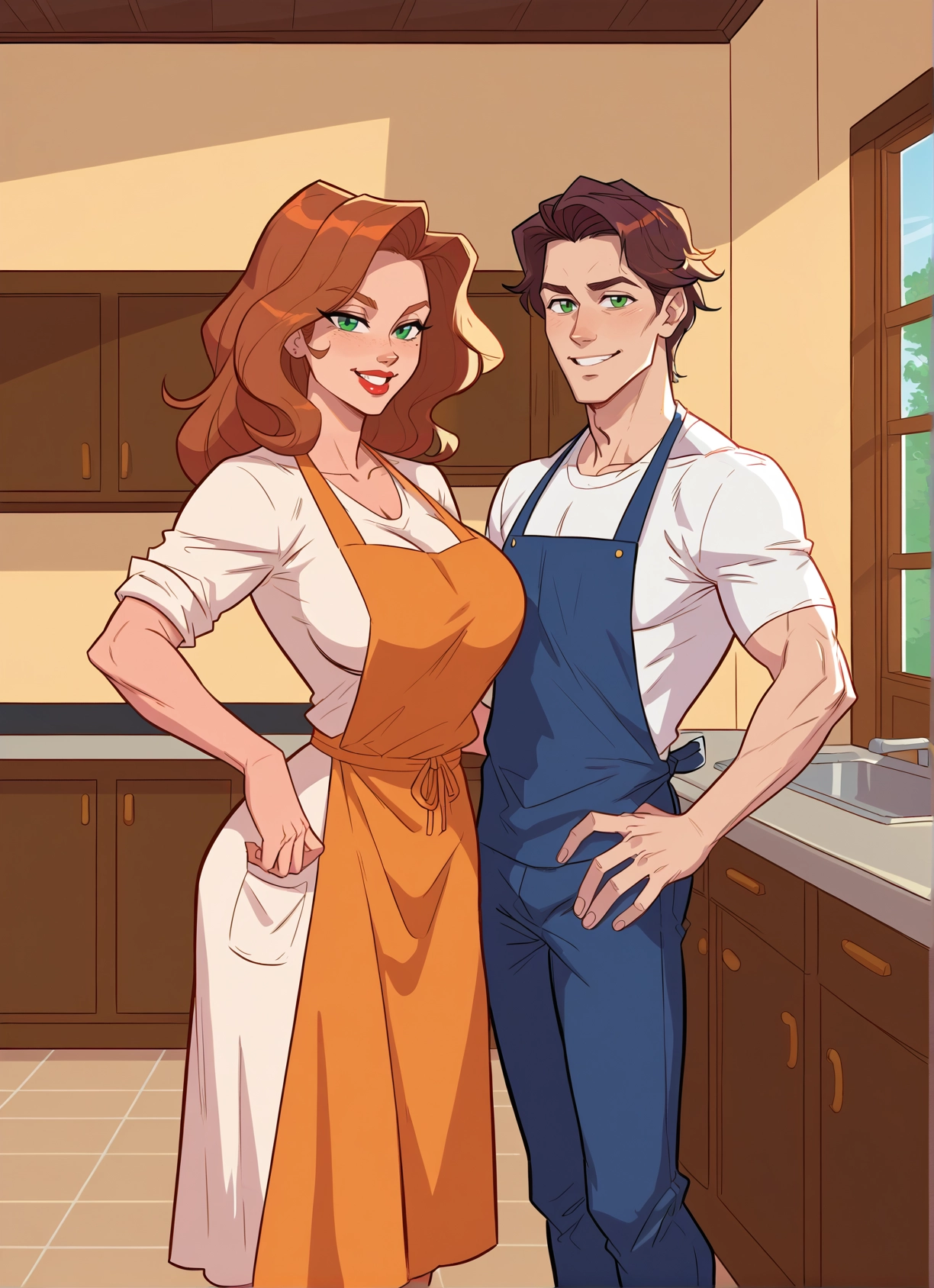 1girl, 1boy, apron, green eyes, brown hair, breasts