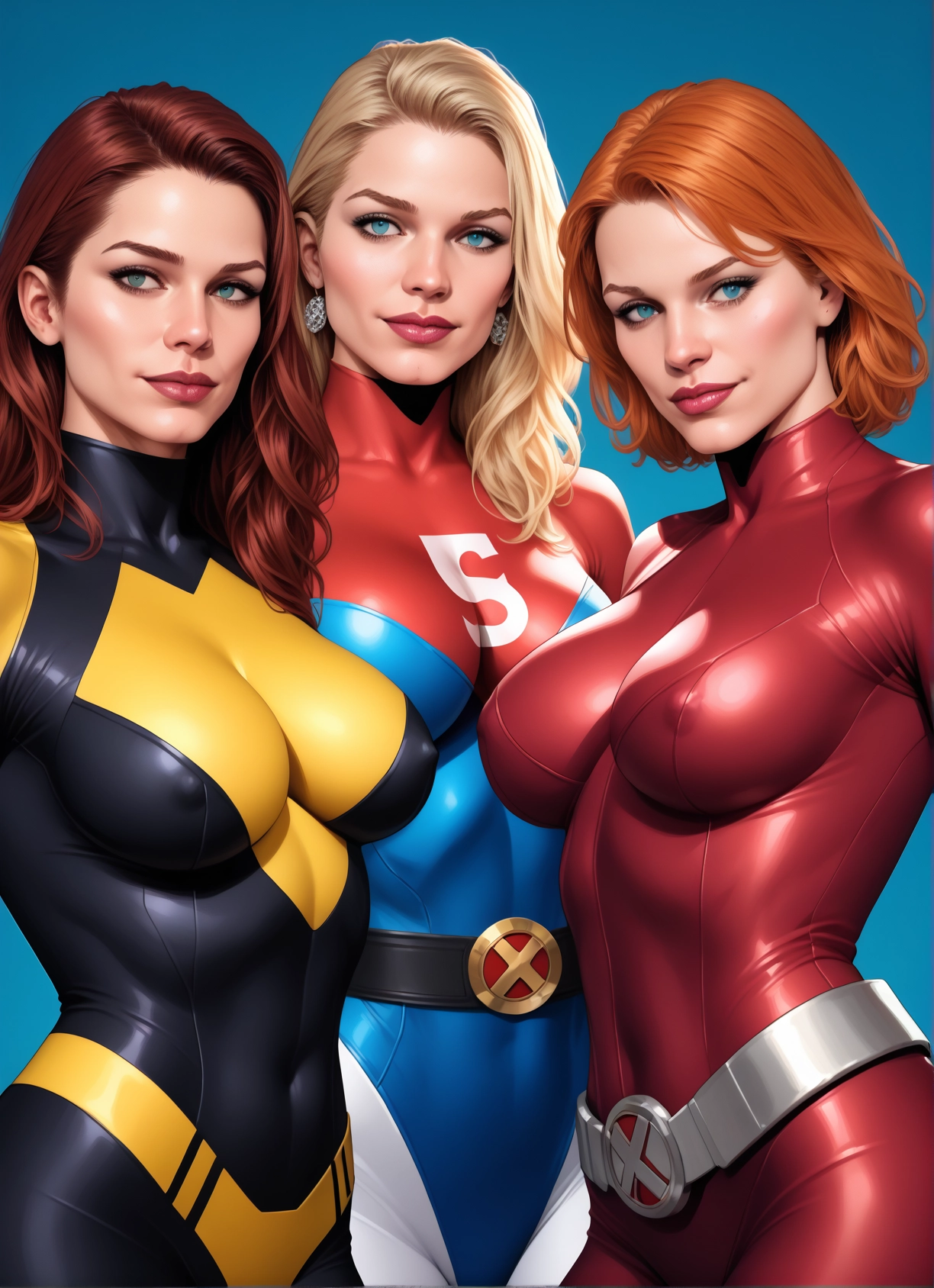 multiple girls, breasts, jewelry, 3girls, bodysuit, earrings · Yamete.gg