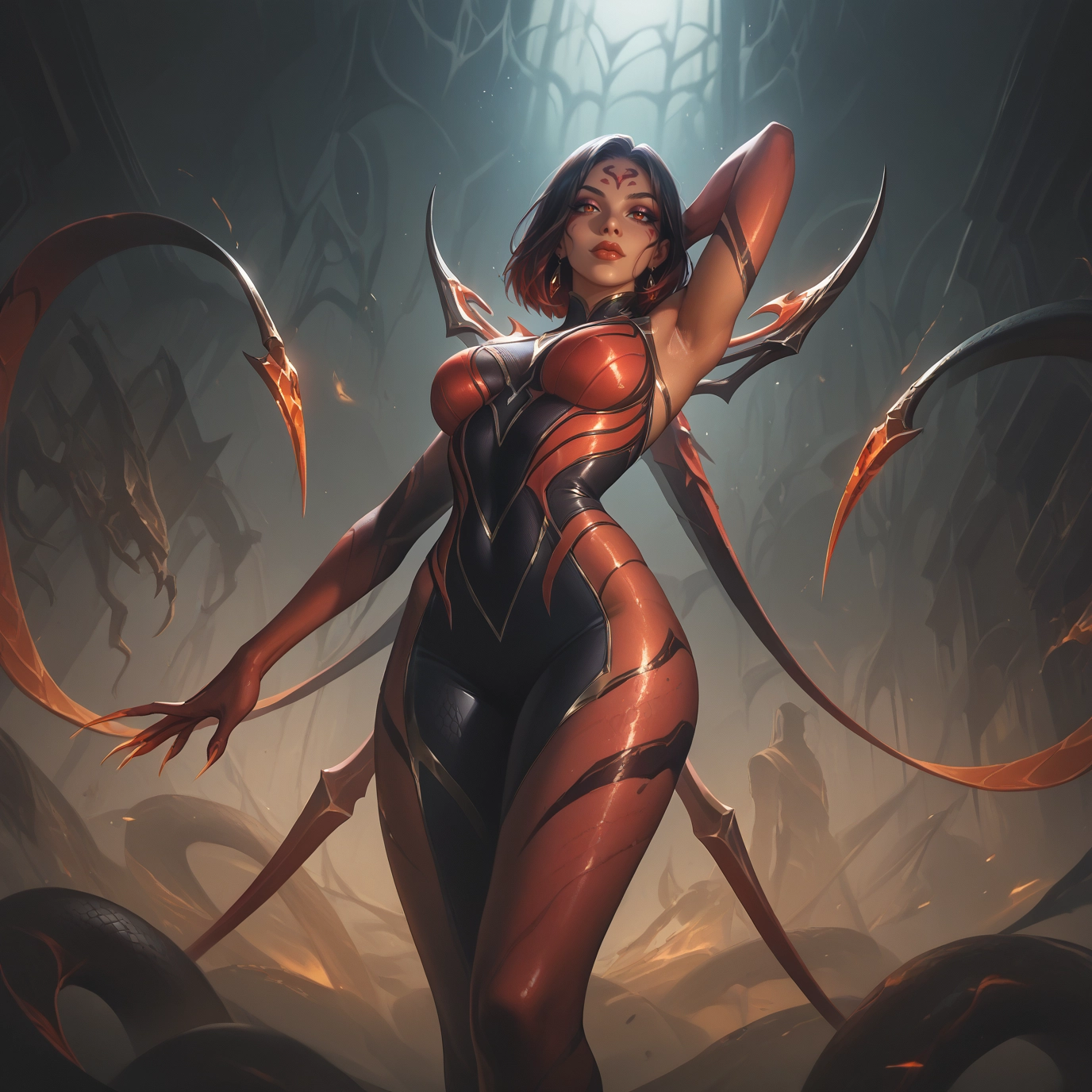 1girl, armpits, breasts, facial mark, forehead mark, bodysuit · Yamete.gg