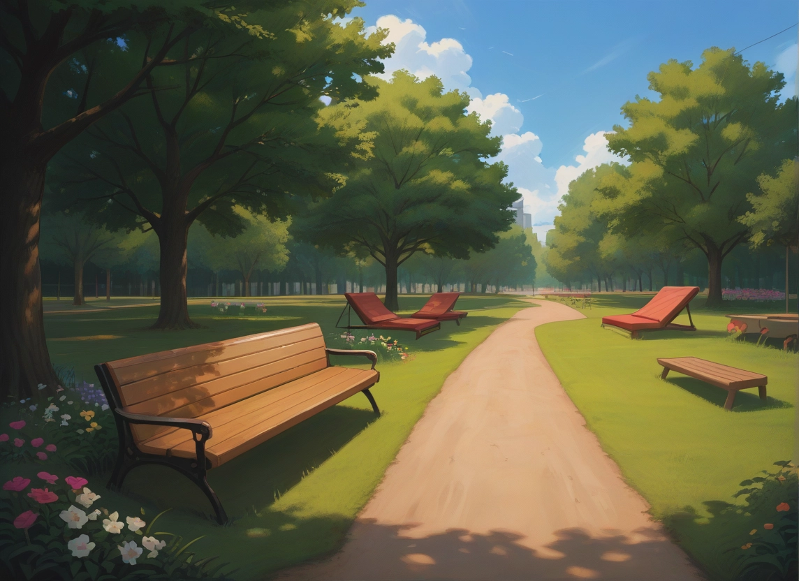 no humans, tree, scenery, bench, sky, cloud · Yamete.gg