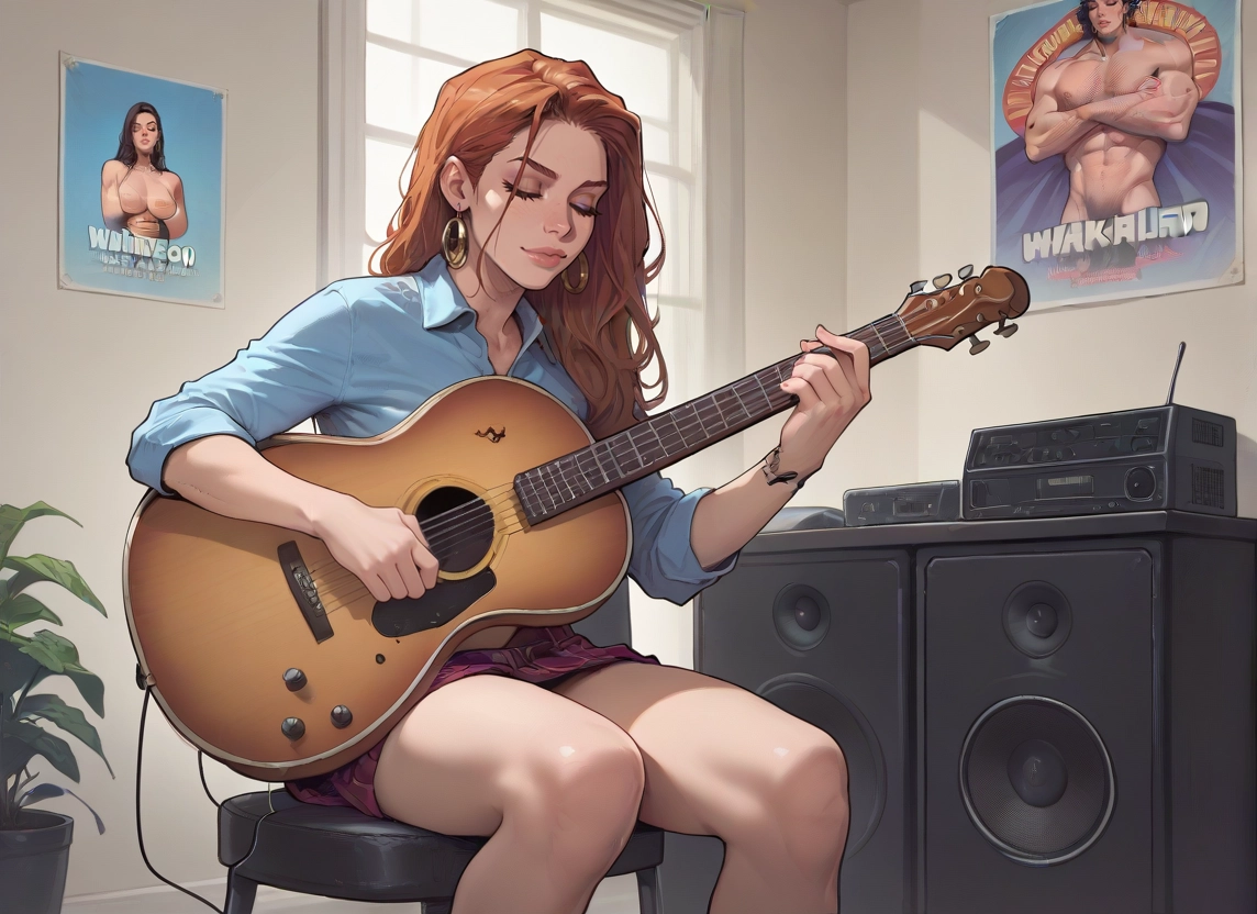 instrument, jewelry, 1girl, earrings, skirt, sitting · Yamete.gg