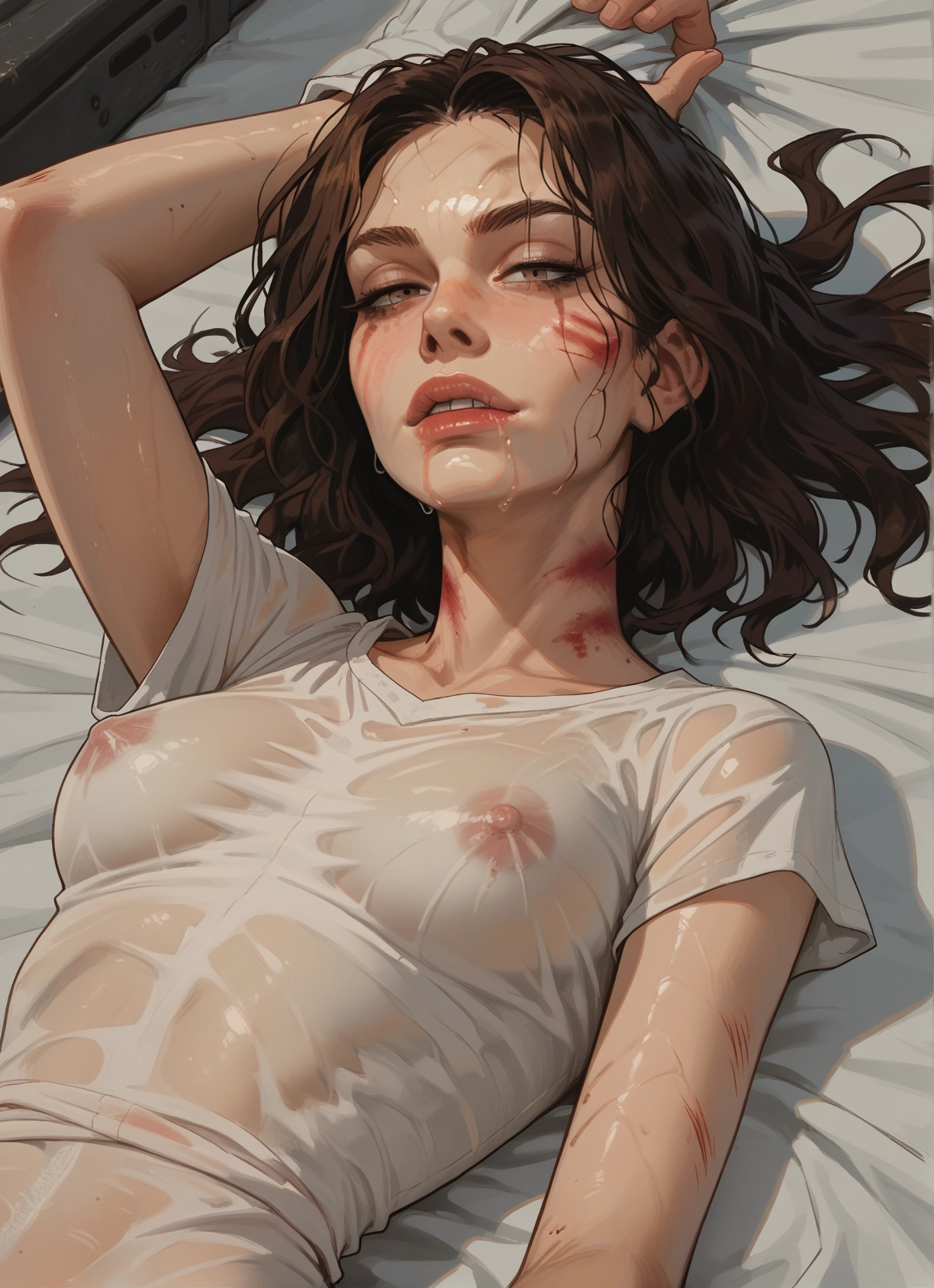 1girl, solo, brown hair, breasts, wet, wet clothes · Yamete.gg