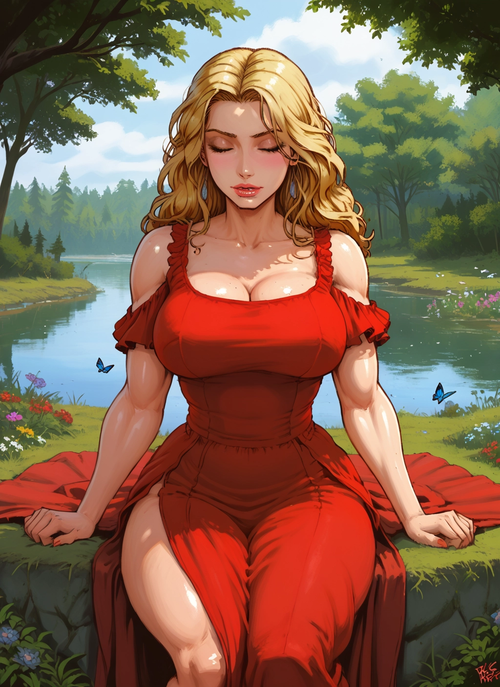1girl, breasts, blonde hair, dress, closed eyes, butterfly · Yamete.gg
