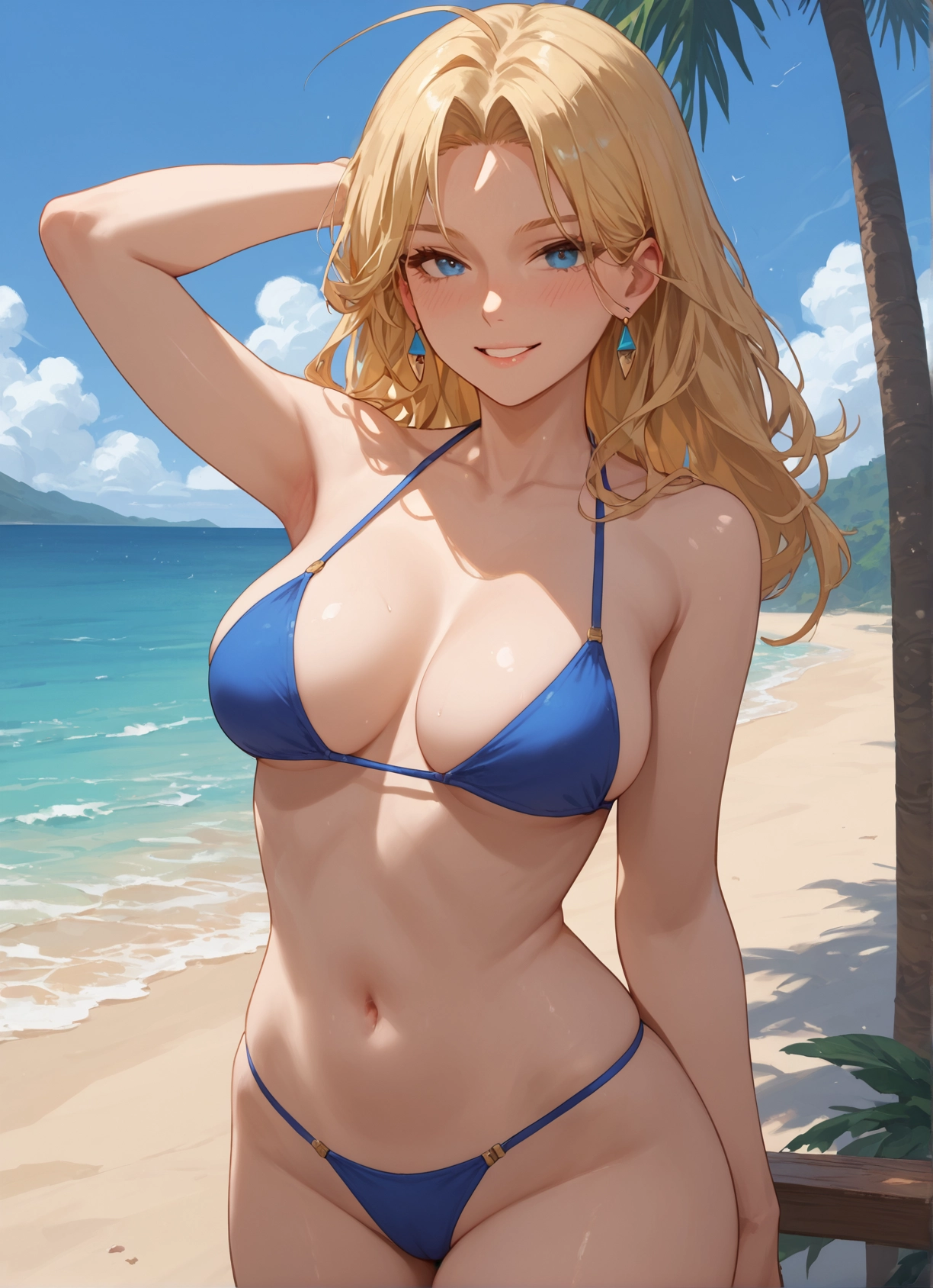 1girl, swimsuit, breasts, blonde hair, bikini, navel