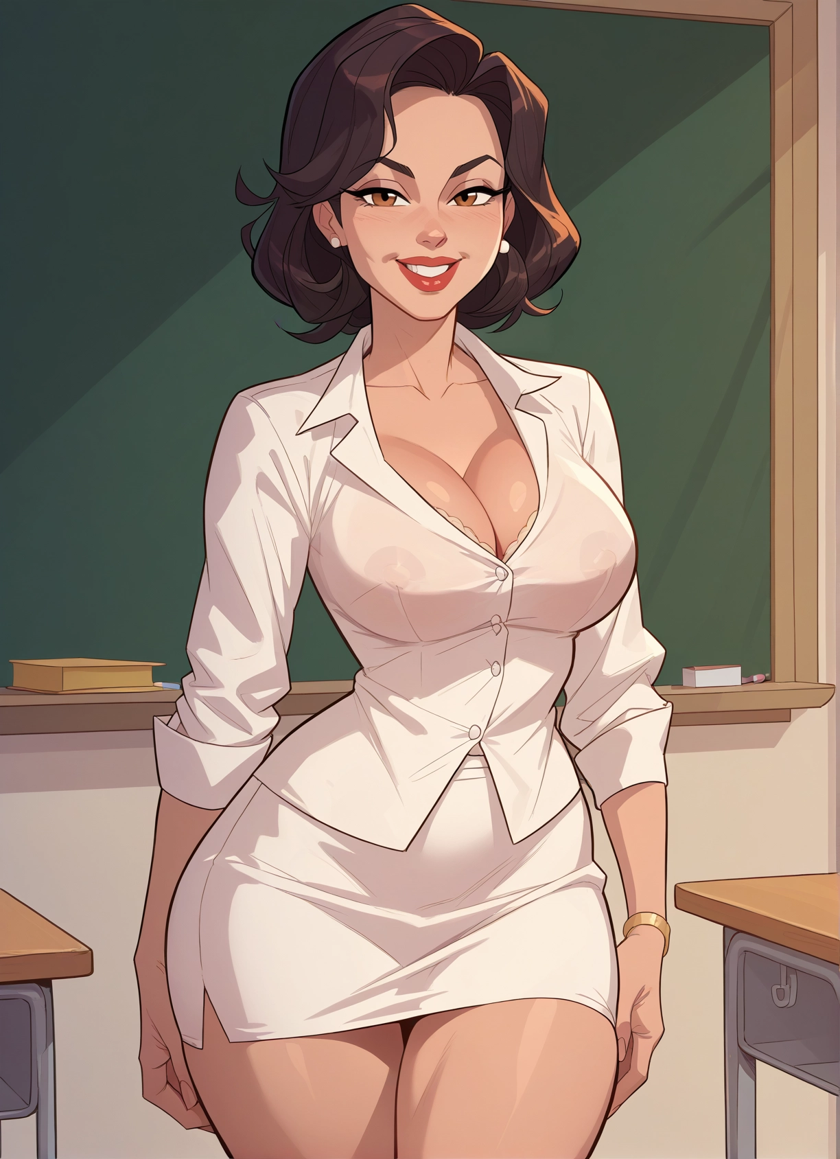 1girl, breasts, skirt, jewelry, brown hair, cleavage · Yamete.gg