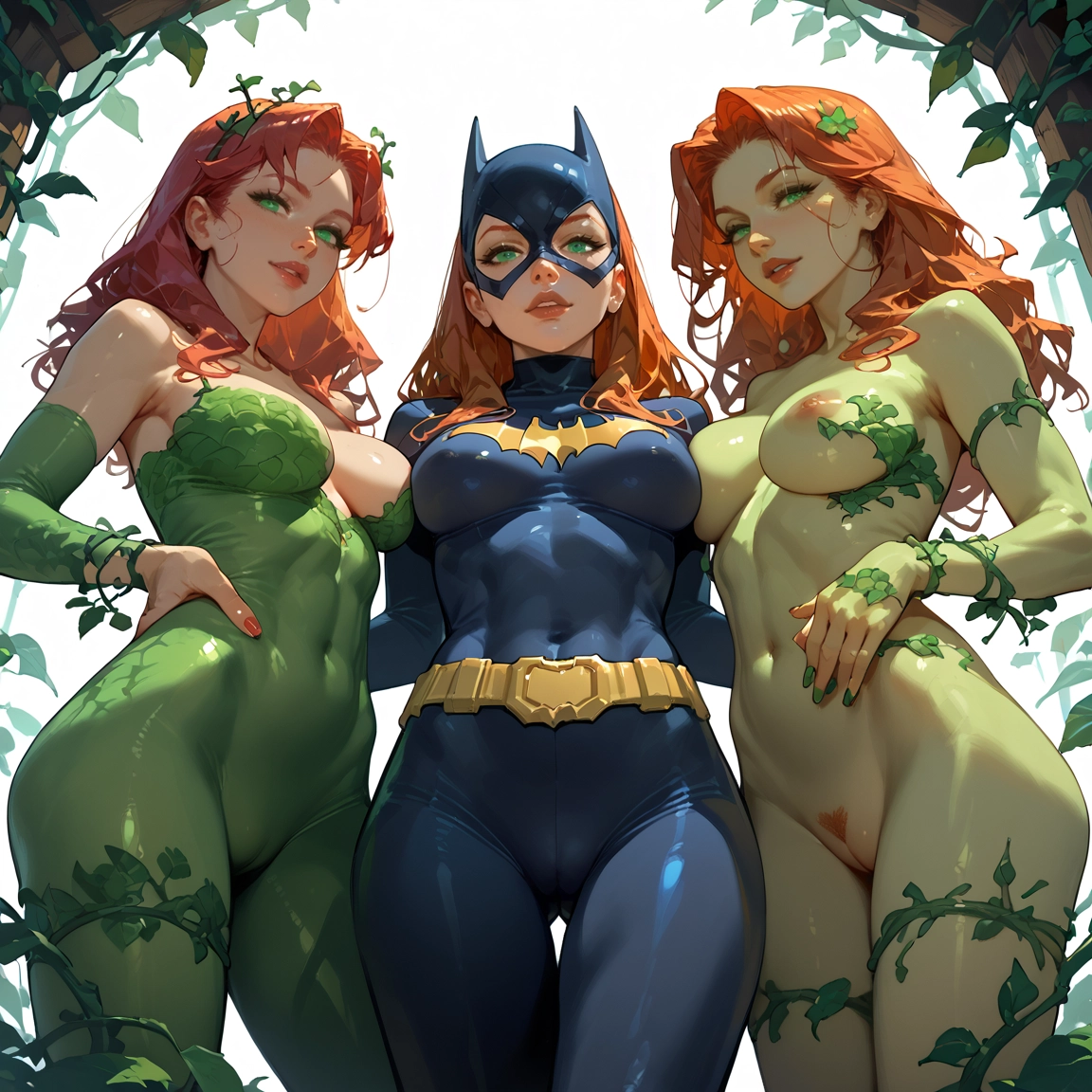 breasts, nipples, multiple girls, 3girls, pubic hair, green eyes
