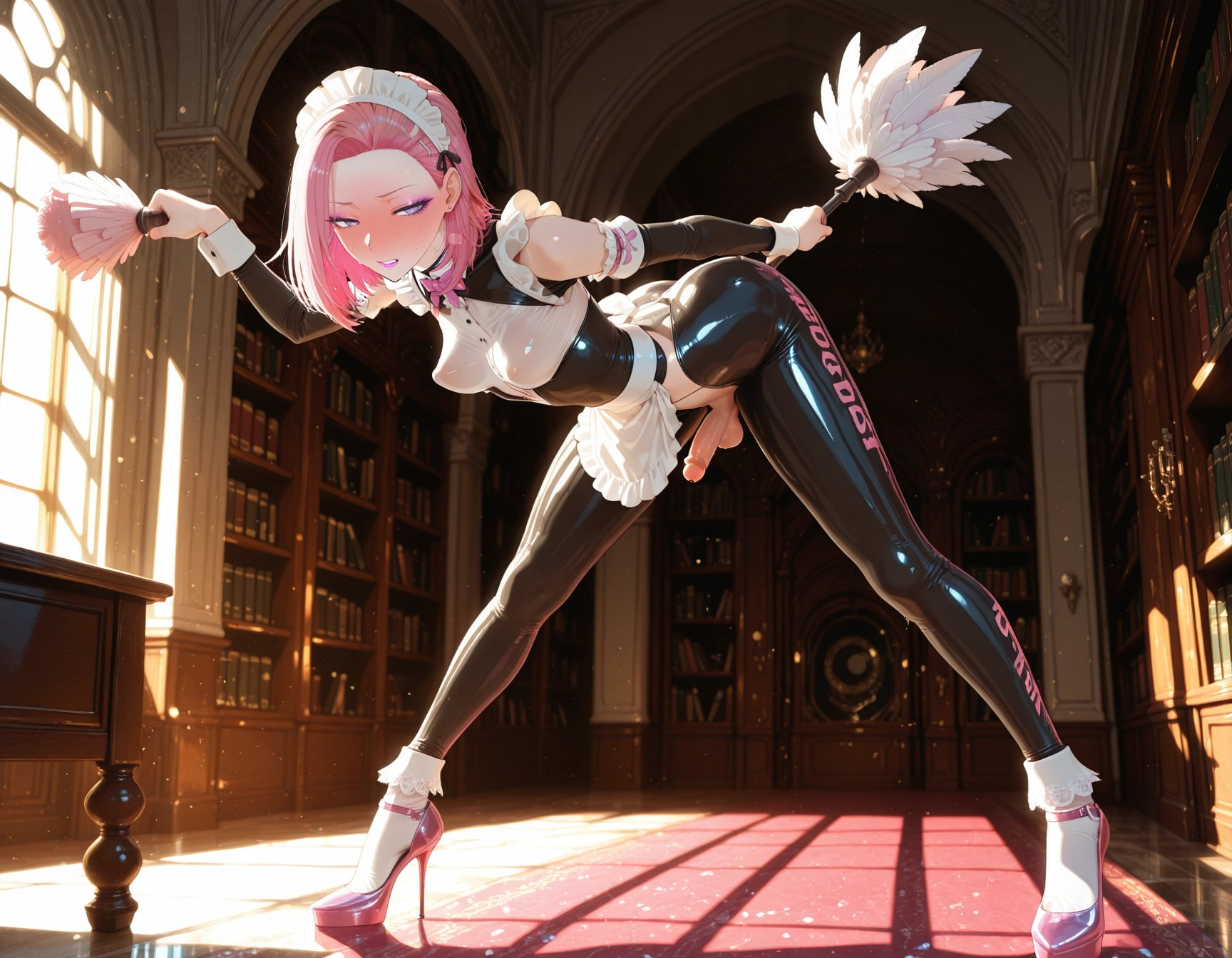 duster, pink hair, latex, solo, penis, high heels · Yamete.gg