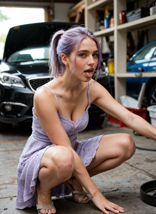 1girl, breasts, car, ground vehicle, motor vehicle, squatting · Yamete.gg