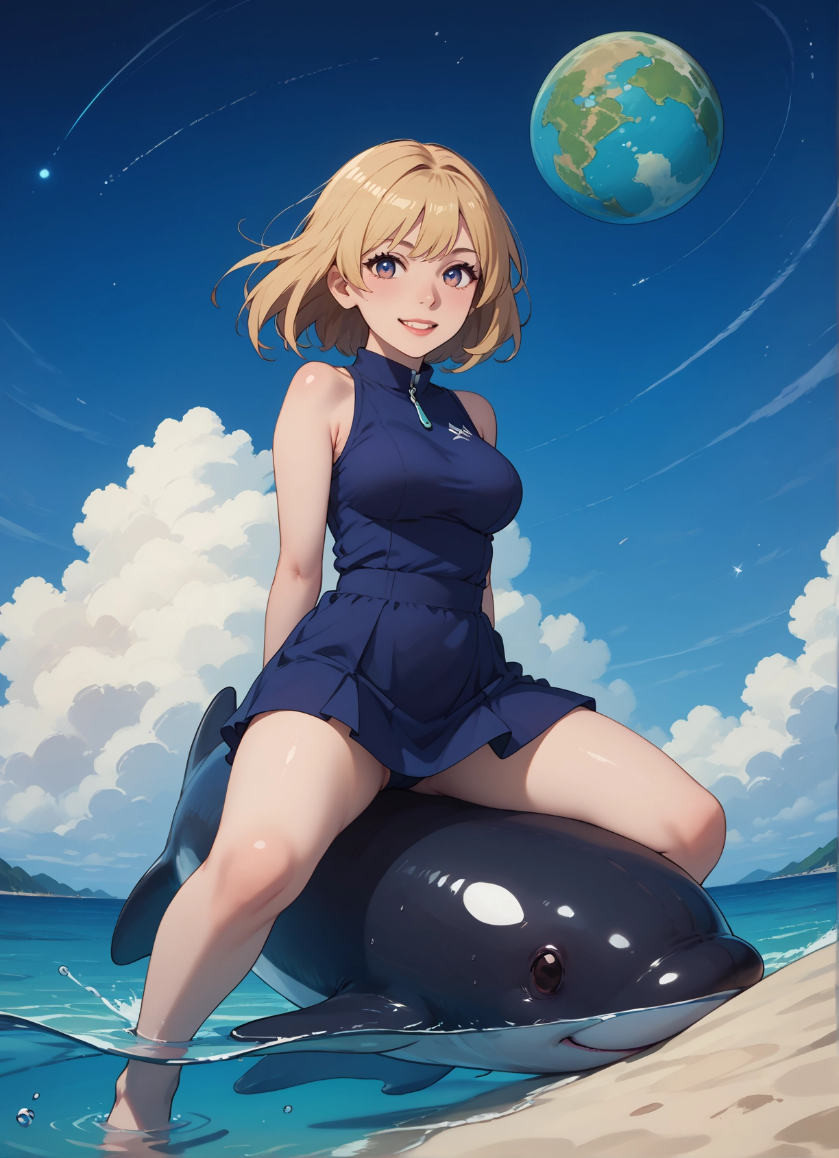 1girl, smile, solo, blonde hair, sky, breasts · Yamete.gg