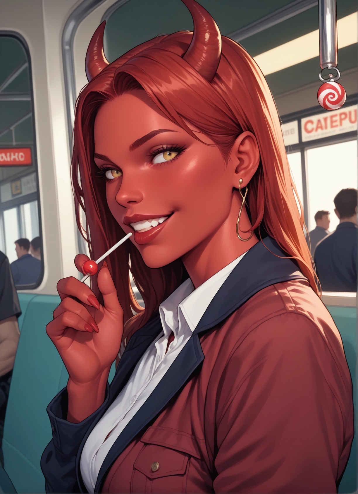 1girl, horns, jewelry, food, earrings, candy · Yamete.gg