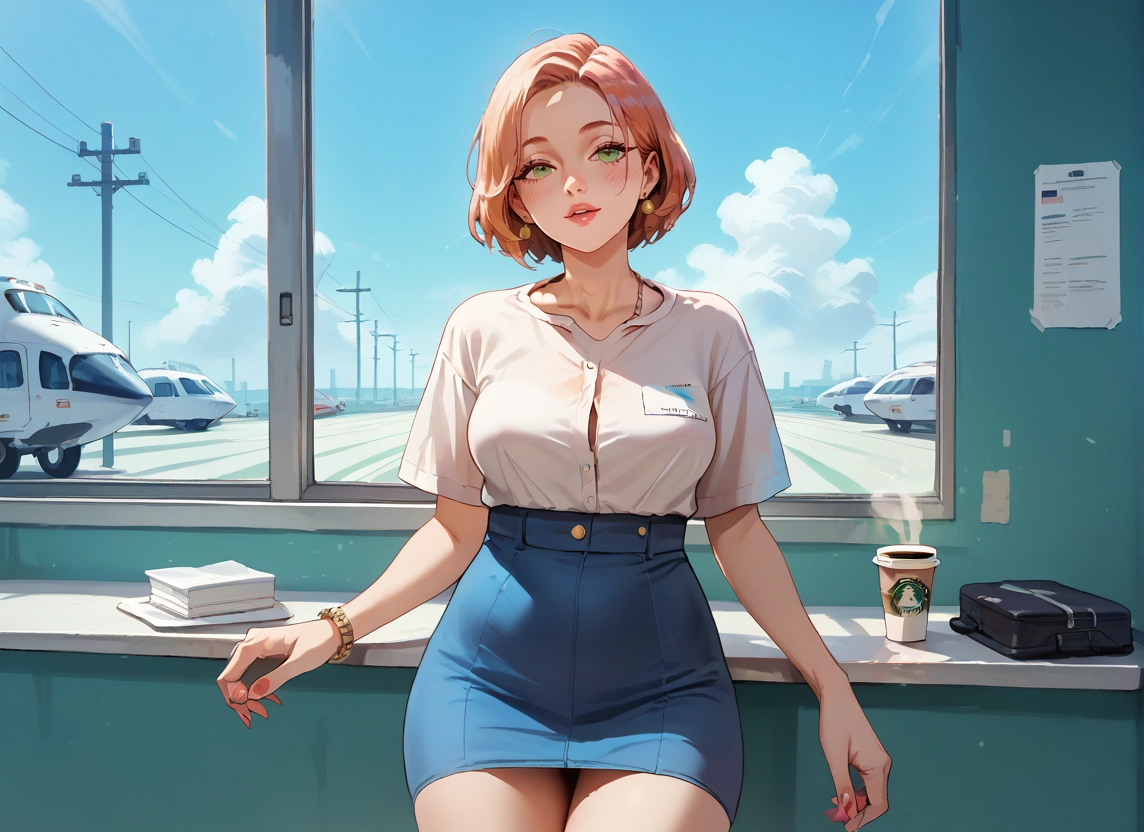 1girl, skirt, green eyes, jewelry, motor vehicle, ground vehicle · Yamete.gg